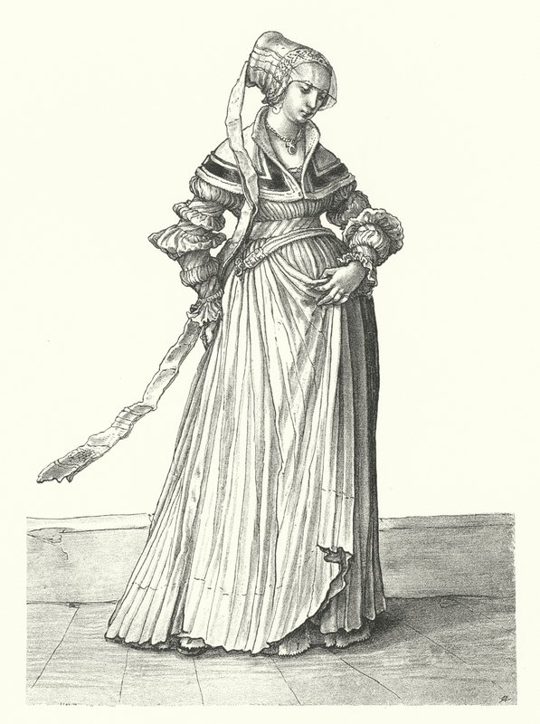 Kostuum van een vrouw uit Basel (gravure) door Hans (after) Holbein the Younger