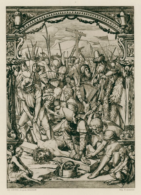 Jezus Christus, genageld aan het kruis (gravure) door Hans (after) Holbein the Younger