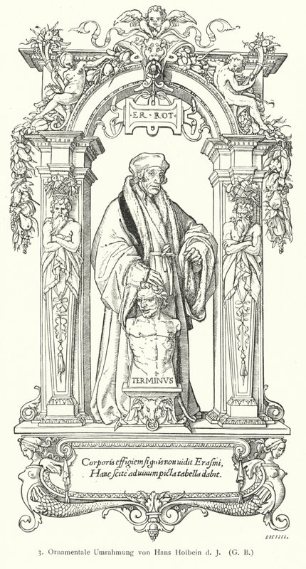 Portret van de Nederlandse Renaissance-humanist geleerde Desiderius Erasmus met sierlijst (gravure) door Hans (after) Holbein the Younger