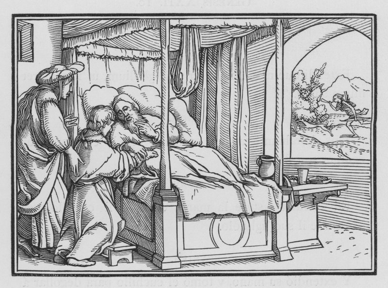 Jakob bedriegt zijn vader en verkrijgt de zegen, Genesis XXVII, 21 door Hans Holbein der Jüngere