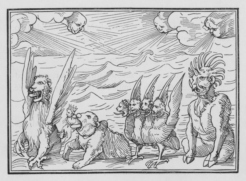 Daniels Visioen van de Vier Beesten door Hans after Holbein the Younger