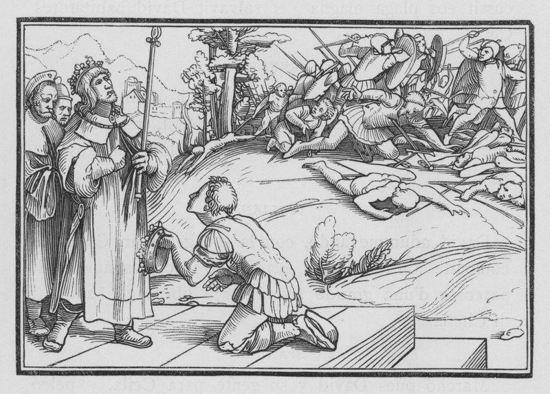 David treurt over Saul en Jonathan, 2 Samuel I, 11 door Hans after Holbein the Younger
