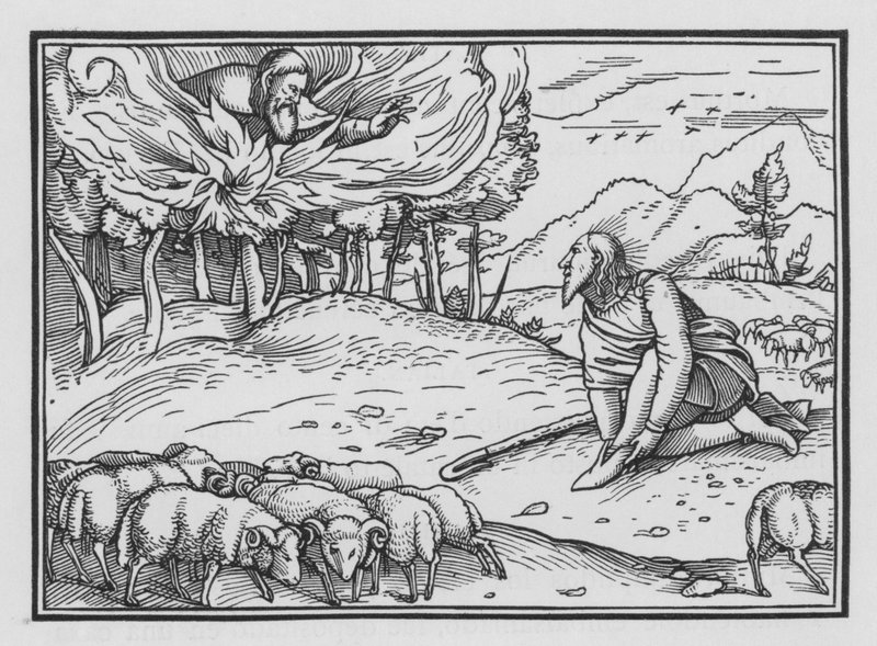 God verschijnt aan Mozes in een brandende struik, Exodus III, 5 door Hans after Holbein the Younger