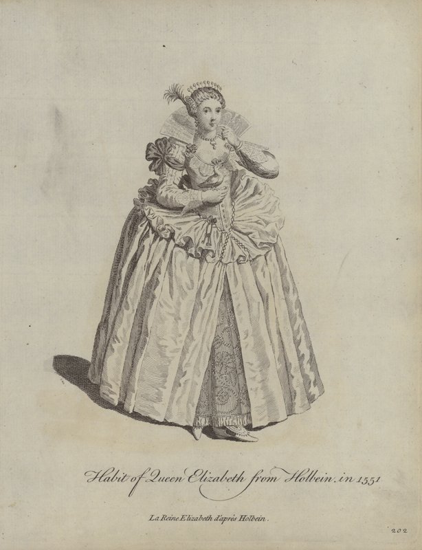 Kleding van koningin Elizabeth uit Holbein in 1551 door Hans after Holbein the Younger