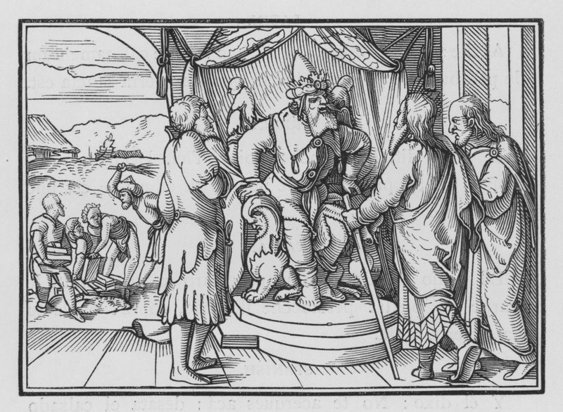 De farao verwijt Mozes en Aäron hun boodschap, Exodus V, 2 door Hans after Holbein the Younger