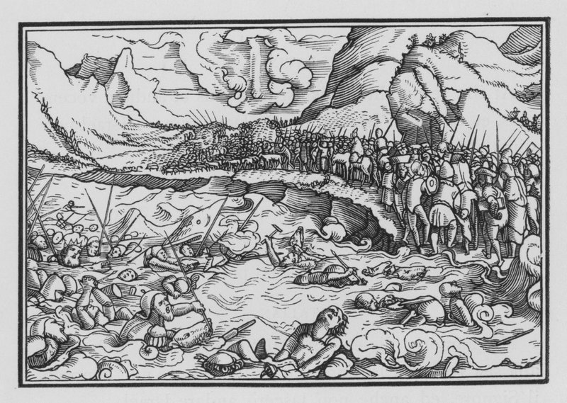 De farao achtervolgt de Israëlieten, Exodus XIV, 28 door Hans after Holbein the Younger