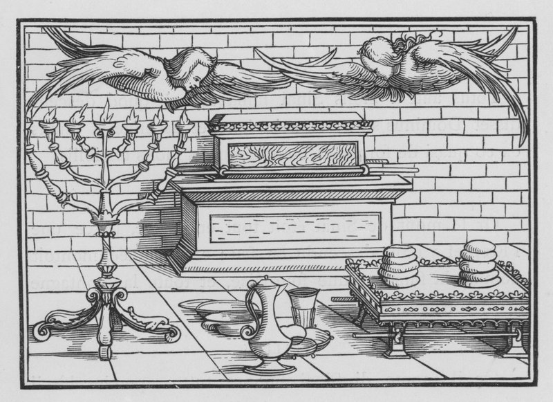 De ark, de verzoendeksel, de cherubijnen, de tafel en de kandelaar, Exodus XXV, 21, 22 door Hans after Holbein the Younger