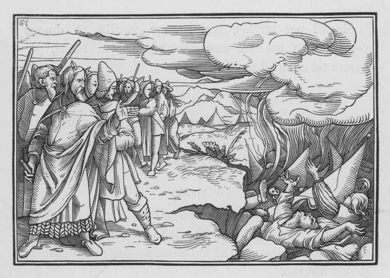 De opstand van Korach, Dathan en Abiram, Numeri XVI, 33 door Hans after Holbein the Younger