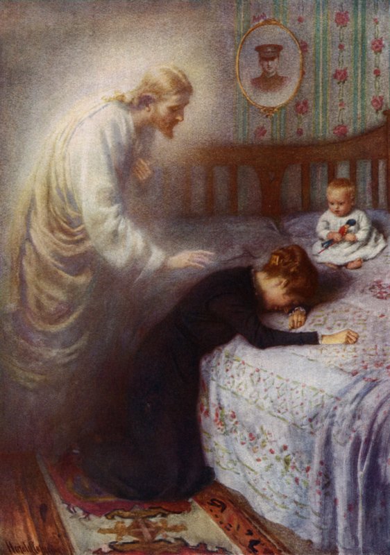 Christus de Trooster: Jezus troost een rouwende Britse oorlogsweduwe door Harold Copping