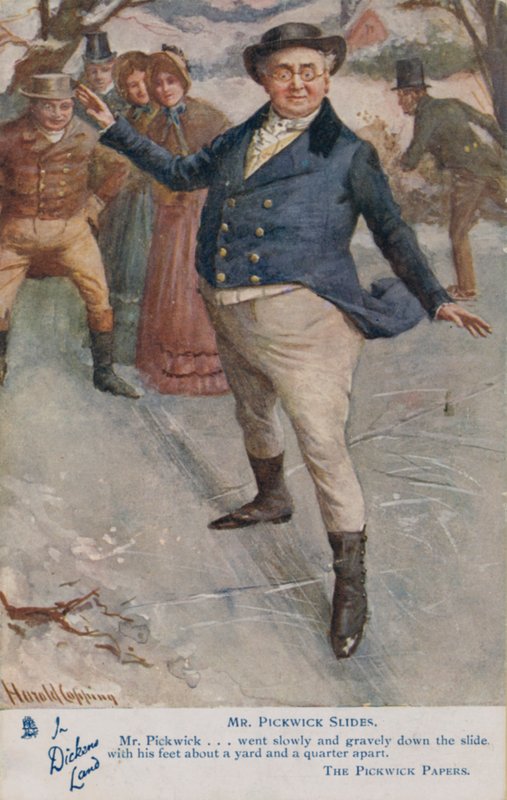 Mr Pickwick glijdt op het ijs, scène uit Charles Dickens