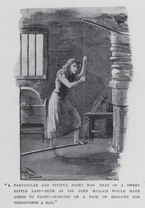 "Een bijzonder en meelijwekkend gezicht was dat van een lief klein meisje, zoals Sir John Millais graag zou hebben geschilderd, dansend op een paar blaasbalgen voor driepence per dag" door Harold Hume Piffard