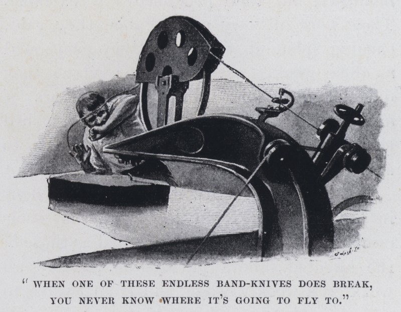 "Wanneer een van deze eindeloze bandmessen breekt, weet je nooit waar het heen zal vliegen" door Harold Hume Piffard