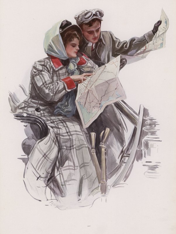 Man en vrouw lezen een kaart in een auto door Harrison Fisher