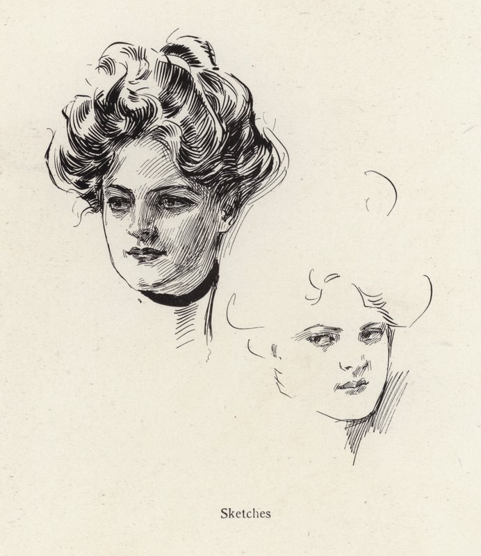 Pensketches van een jonge vrouw door Harrison Fisher