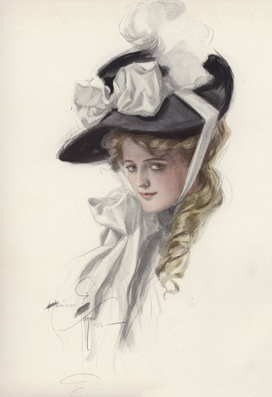 Portret van een vrouw met een mooie hoed door Harrison Fisher