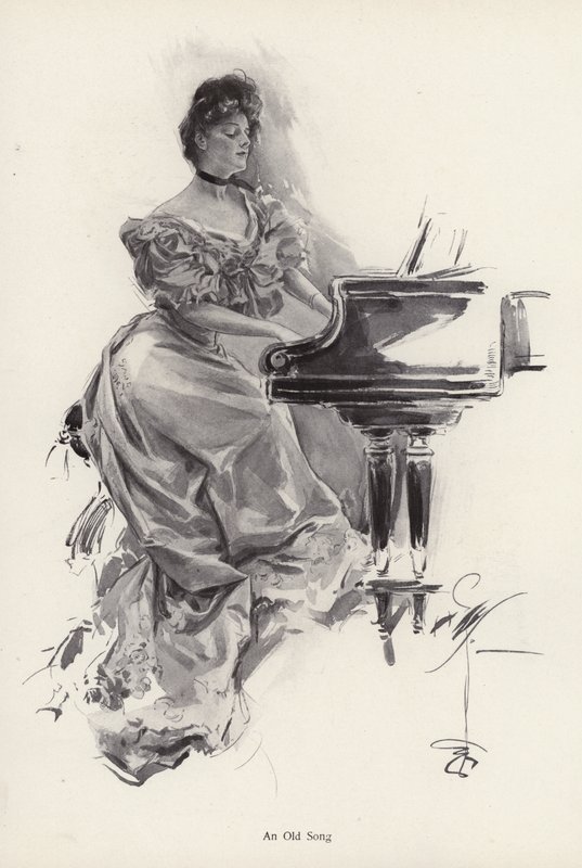 Vrouw die een lied speelt op een piano (litho) door Harrison Fisher