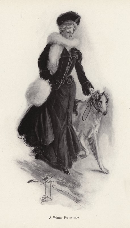 Vrouw wandelt met haar ruwe colliehond in de winter door Harrison Fisher