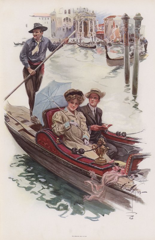 Jonge Amerikaanse vrouw die een ritje maakt in een gondel, Venetië (kleur litho) door Harrison Fisher