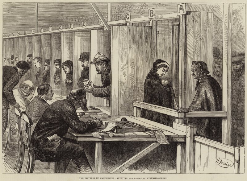 De Nood in Manchester, aanvragen voor Hulp in Windmill-Street door Harry Furniss