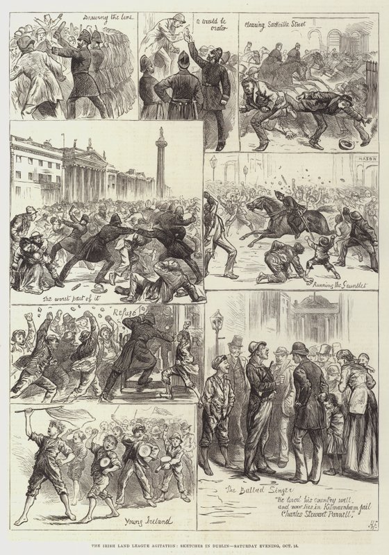 De Ierse Land Liga agitatie, schetsen in Dublin, zaterdagavond, 15 oktober door Harry Furniss