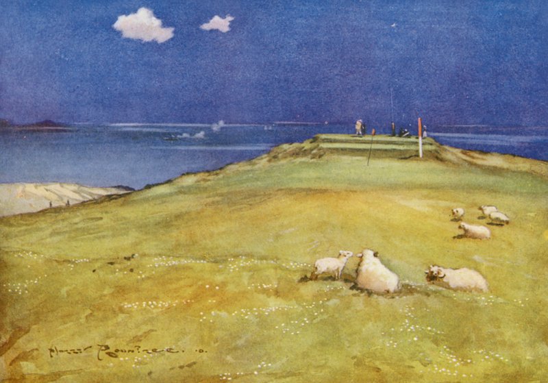 Golfbanen: Gullane, de zesde green en zevende tee door Harry (1878 1950) Rountree