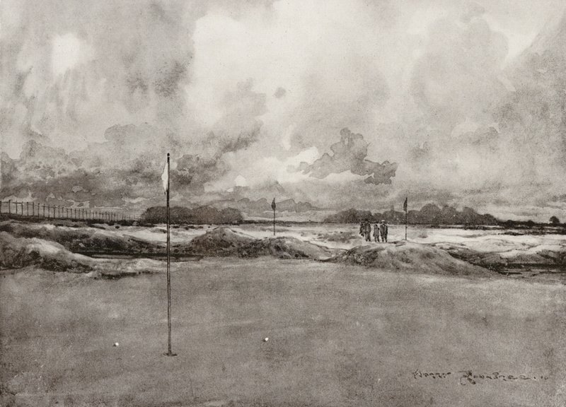 Golfbanen: Mitcham, de zevende green door Harry (1878-1950) Rountree