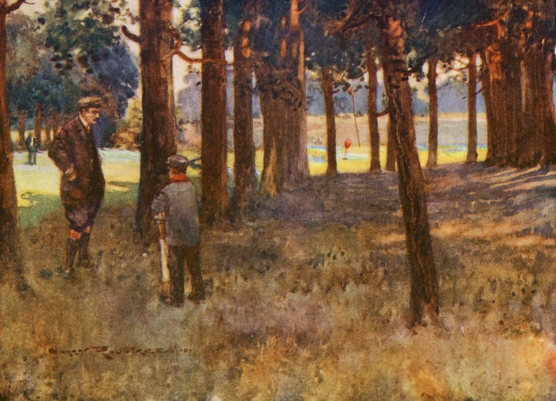 Golfbanen: Mildenhall, het resultaat van een slechte slice op de zesde hole door Harry (1878-1950) Rountree