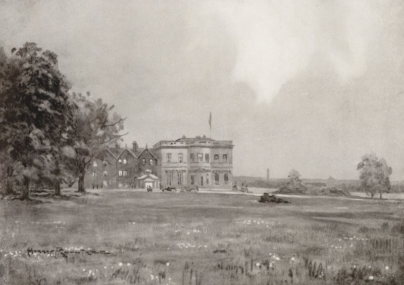 Golfbanen: Trafford Park, het clubhuis vanaf de achttiende tee door Harry (1878-1950) Rountree