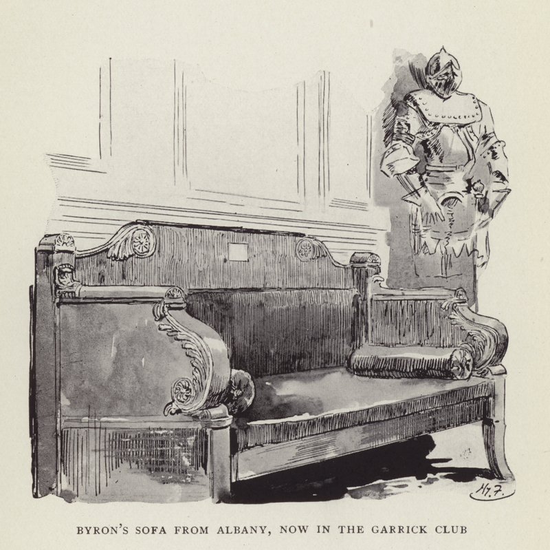 Byrons sofa uit Albany, nu in de Garrick Club door Harry Furniss