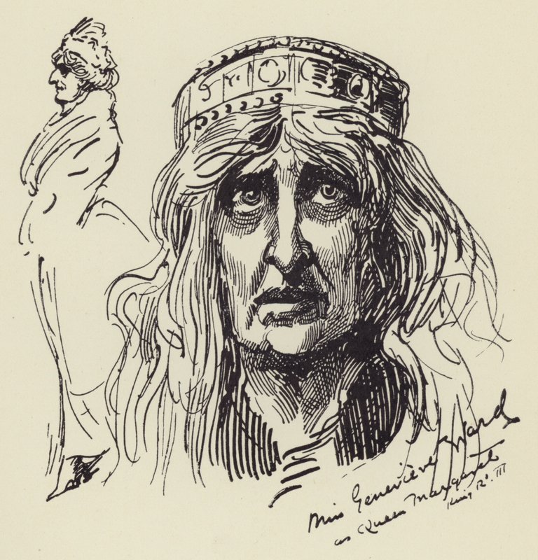 Miss Genevieve Ward als Koningin Margaret door Harry Furniss