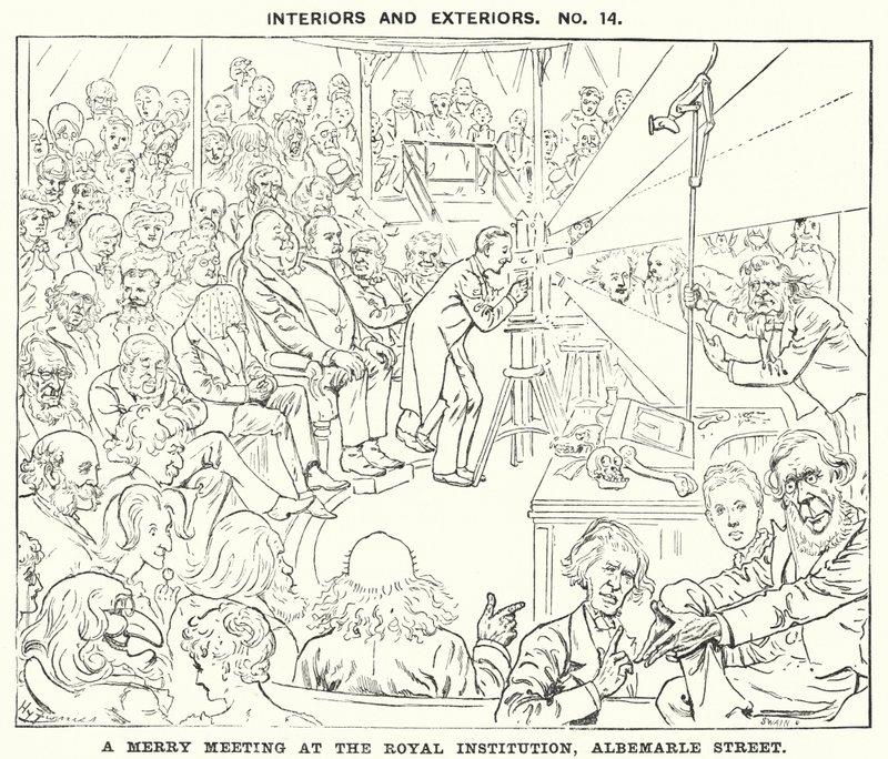 Punch cartoon: Een vrolijke ontmoeting bij de Royal Institution, Albemarle Street, Londen (gravure) door Harry Furniss