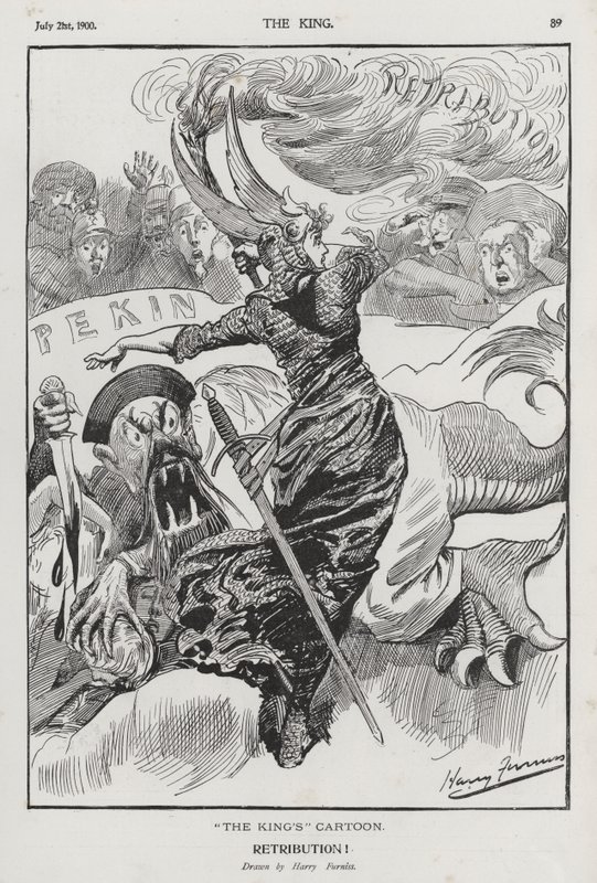 Vergelding, cartoon over de Bokseropstand in China (gravure) door Harry Furniss