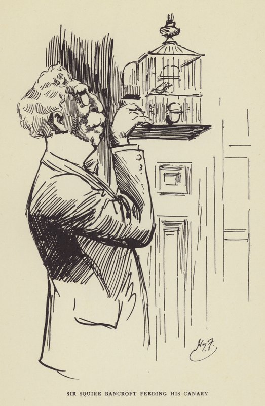 Sir Squire Bancroft voert zijn kanarie door Harry Furniss
