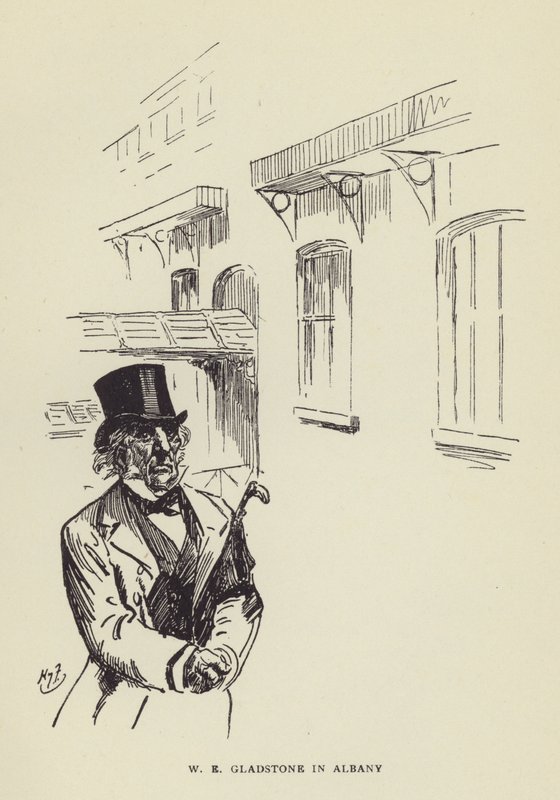 W E Gladstone in Albany door Harry Furniss