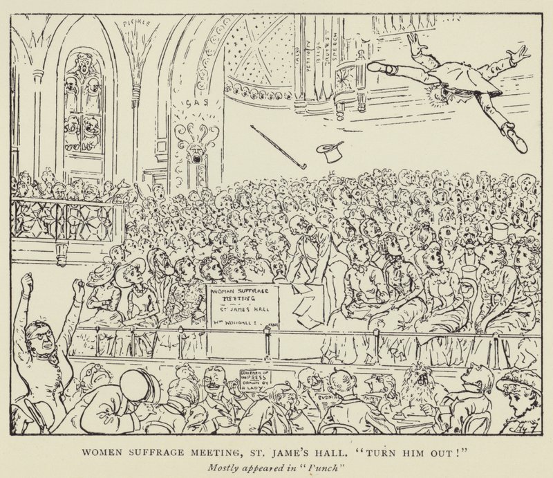 Vrouwenkiesrechtvergadering, St James Hall, Zet hem eruit! door Harry Furniss
