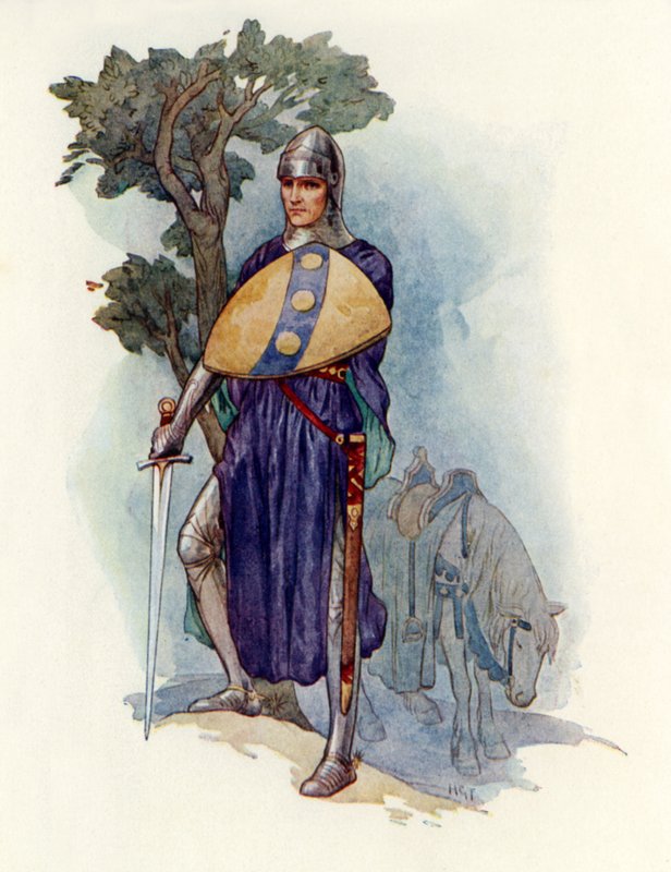 Een ridder die de weg verspert (kleurenlitho) door Harry George Theaker
