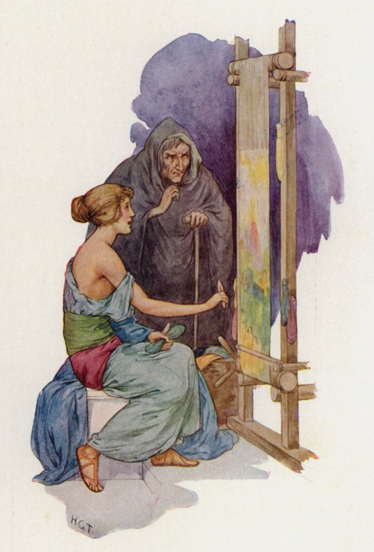 Arachne wordt in een spin veranderd door een vermomde Minerva (kleurenlitho) door Harry George Theaker