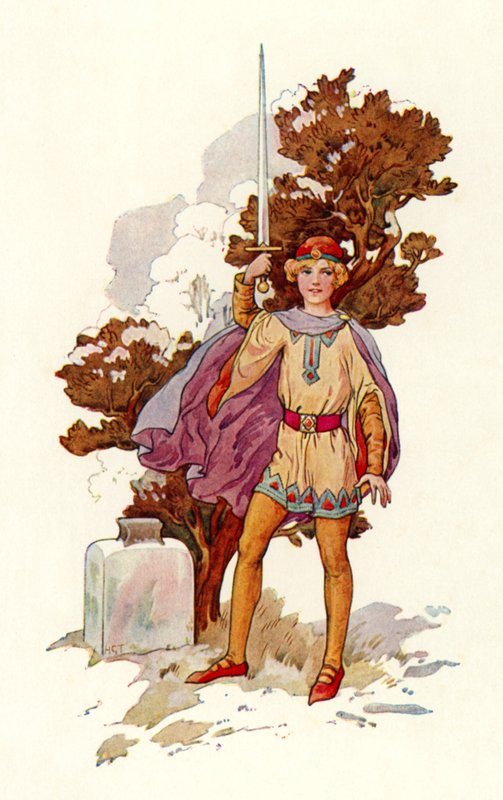 Arthur met Escalibur (kleurenlitho) door Harry George Theaker