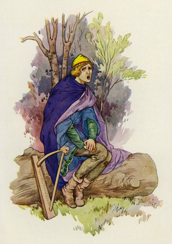 Terwijl hij zat, krijste de jongeling een treurig deuntje (kleurenlitho) door Harry George Theaker