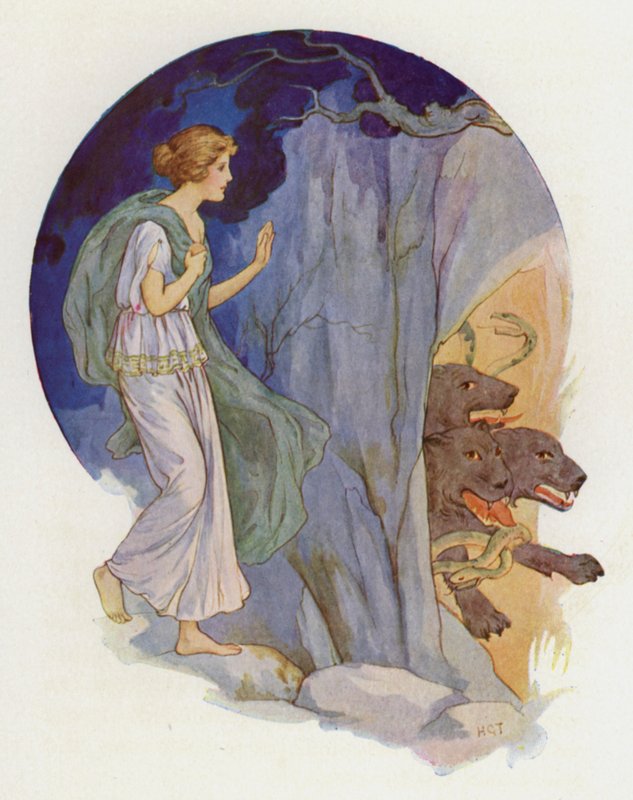 Cerberus, een verschrikkelijke hond met drie koppen (kleurenlitho) door Harry George Theaker
