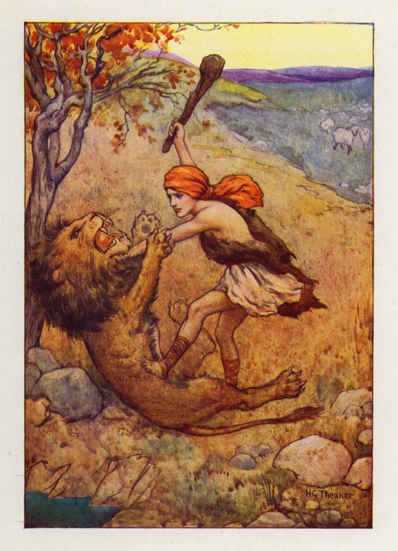 David ving het grote beest en doodde het (kleurenlitho) door Harry George Theaker