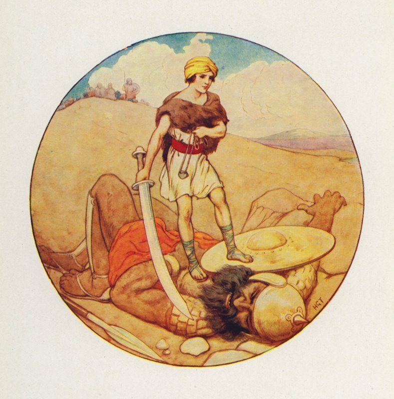 David greep het zwaard van de reus en hakte het hoofd van Goliath af (kleurenlitho) door Harry George Theaker