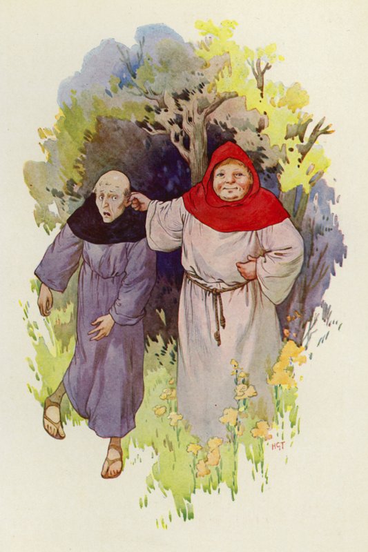 Broeder Tuck leidt een magere, miserabele monnik bij het oor (kleurenlitho) door Harry George Theaker