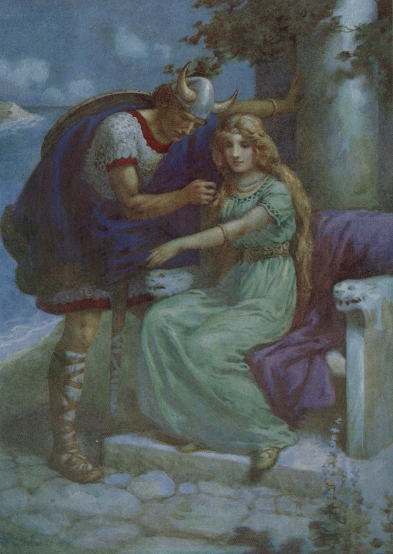 Frithiof en Ingeborg, uit "Het pak van koning Ring" (kleurenlitho) door Harry George Theaker