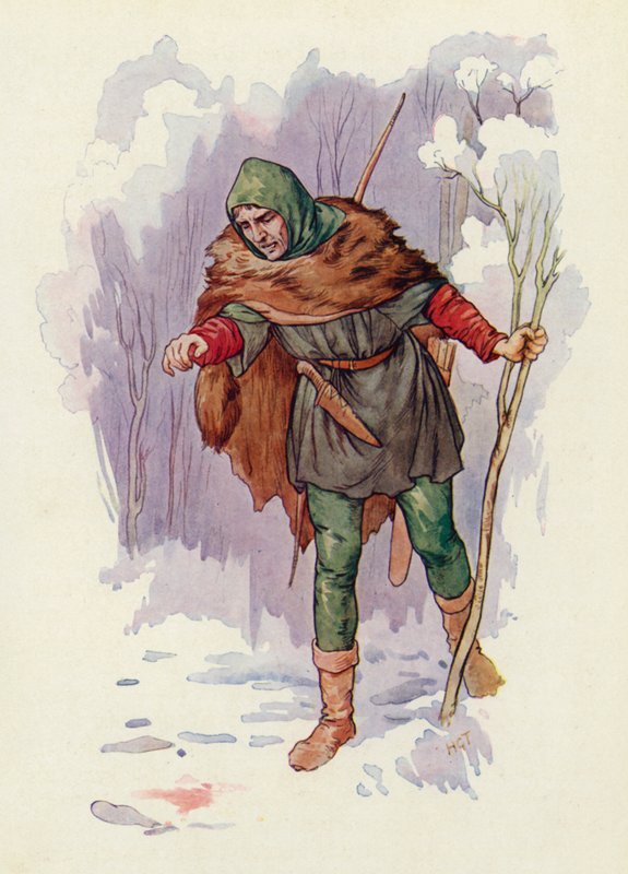 "Ha!" riep Herbert de Ranger, "hier is een moord gepleegd!" (kleurenlitho) door Harry George Theaker