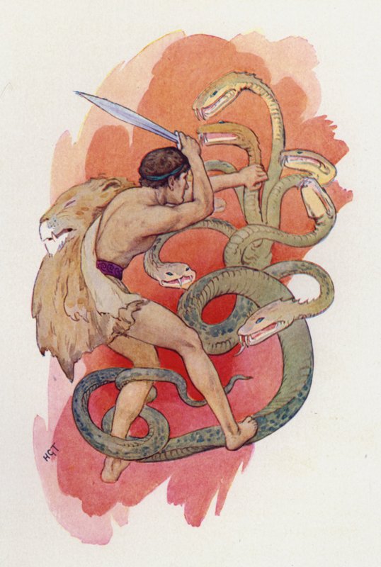 Hercules en de zevenkoppige slang (kleurenlitho) door Harry George Theaker