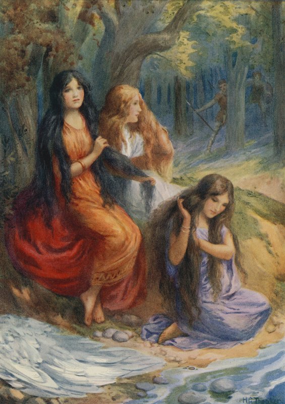 Hladgrun, Olrun en Alvit, uit "Wayland de Smith" (kleurenlitho) door Harry George Theaker