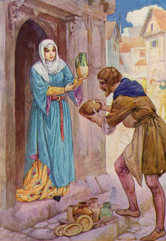 "Ik breng deze arme vaten als geschenk voor Meesteres de Rainault," zei Robin tegen de dienstmeid (kleurenlitho) door Harry George Theaker