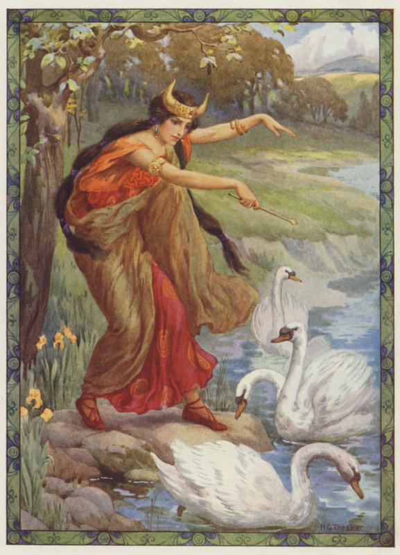 "Wat zag zij in plaats van de vier kinderen", De kinderen van Lir (kleurenlitho) door Harry George Theaker