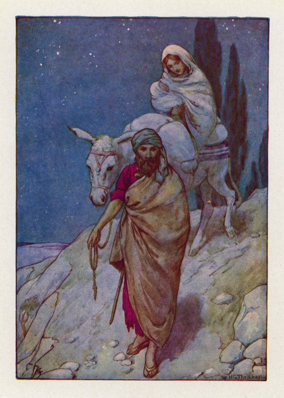 Jozef stond op en nam het jonge kind en zijn moeder bij nacht en vertrok naar Egypte (kleurenlitho) door Harry George Theaker